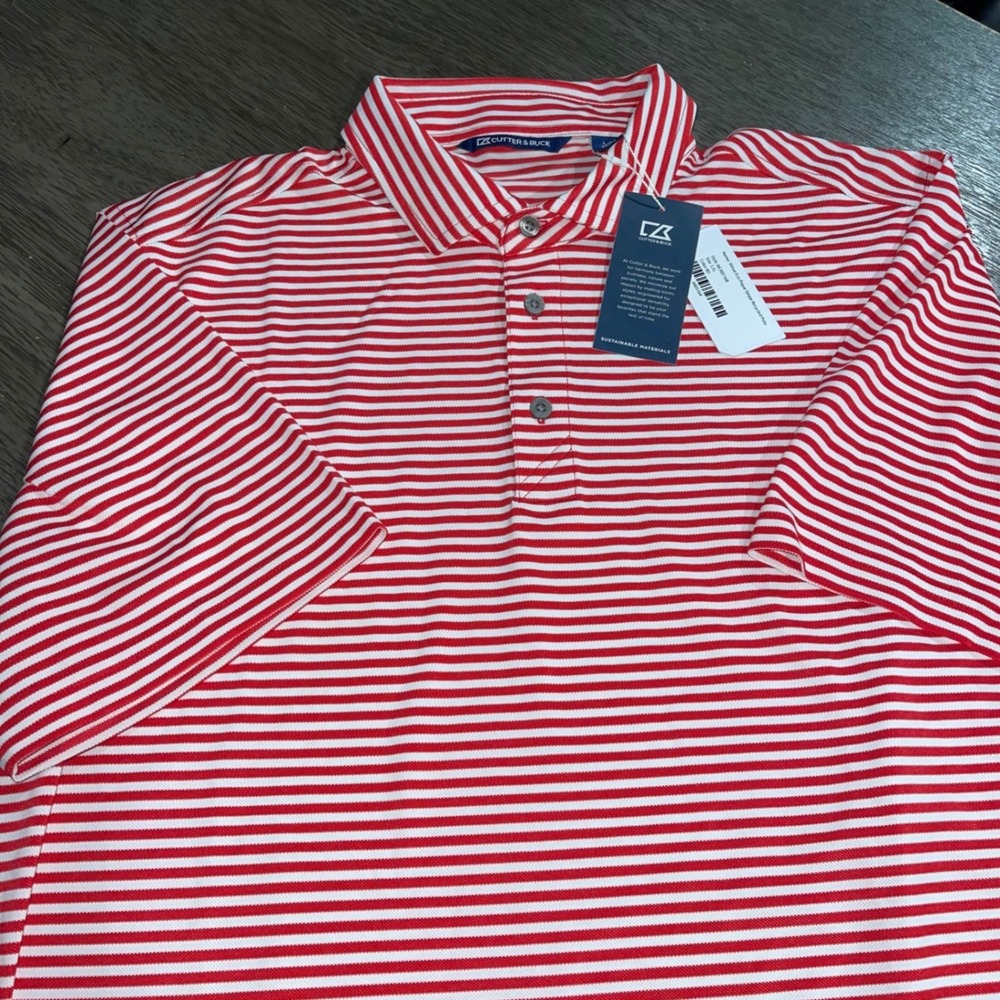 Cutter & Buck Mens L Red Stripe Virtue Eco Pique Recycled Polo MCK01168